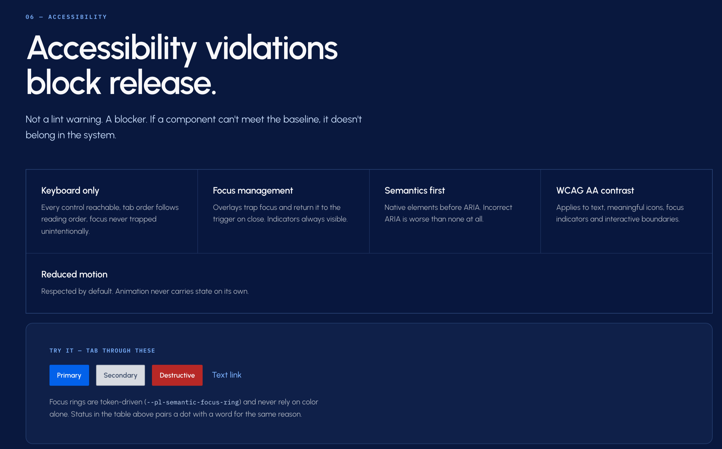 Accessibility checks that block a release when they are violated