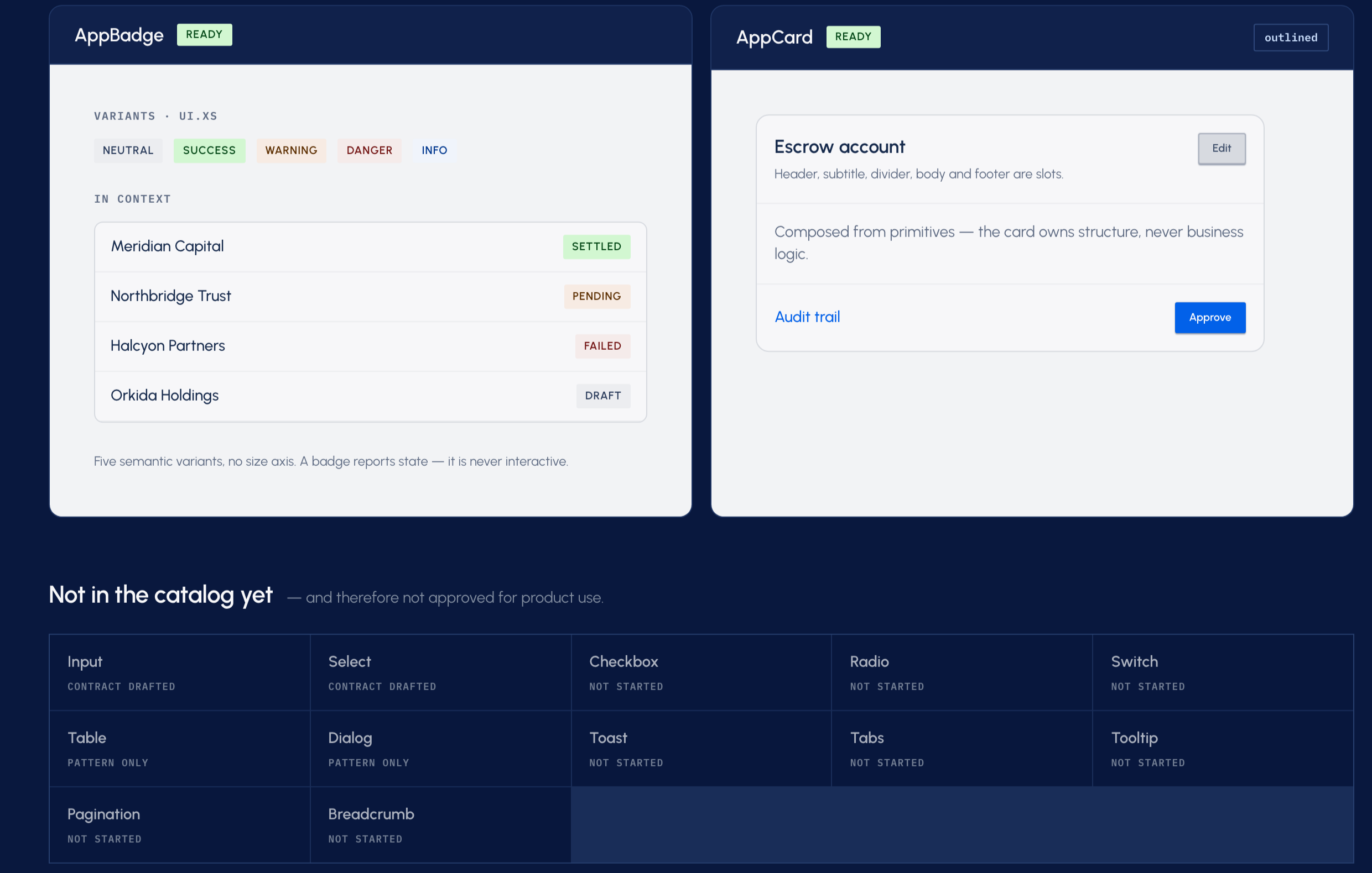 An escrow account component rendered in isolation in the catalog