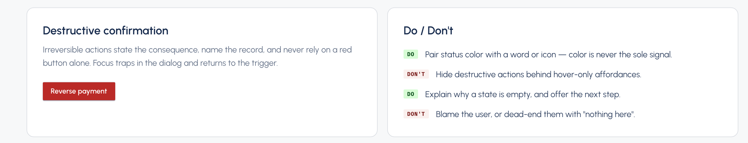 A destructive confirmation pattern shown with its do and do-not guidance