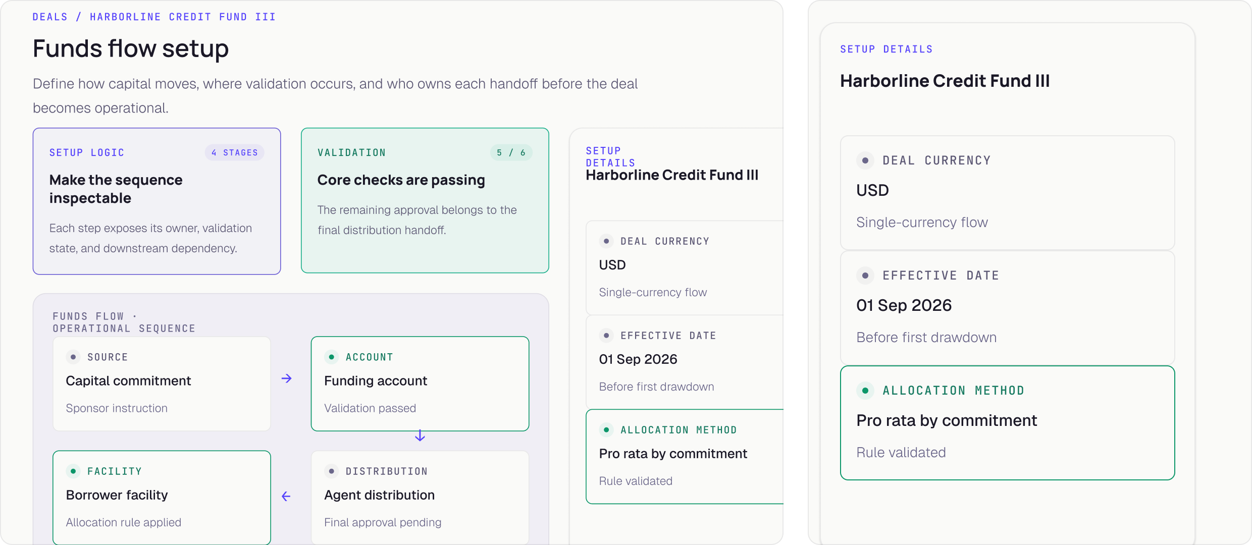 Reconstructed Funds Flow setup details showing the continuous flow, validation summaries, and setup inspector